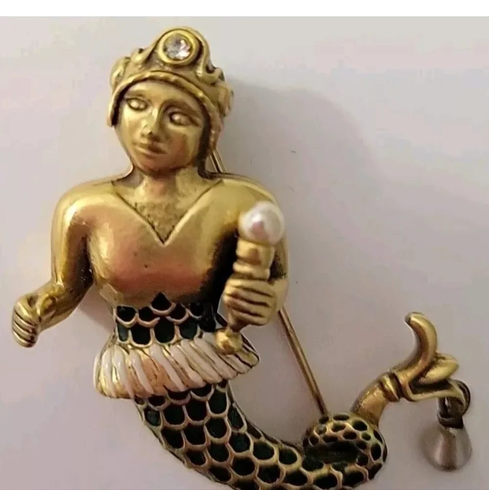 Vintage Gold Tone Green Enamel Faux Pearl Mythical Mermaid Brooch Excellent